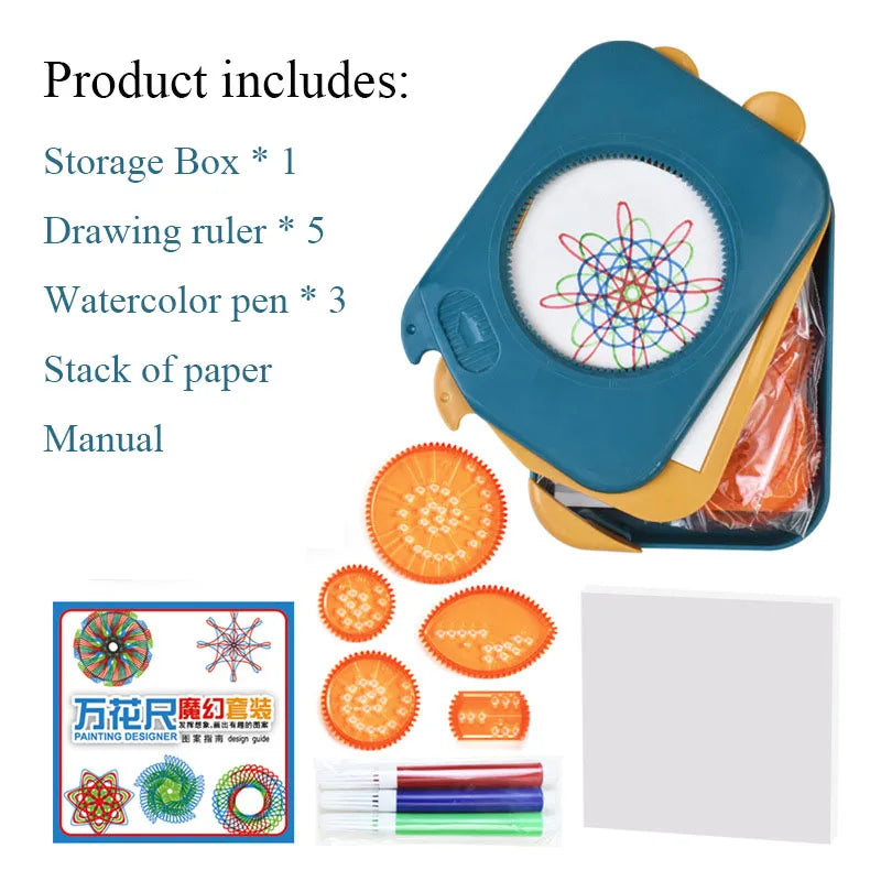 Creative Educational Toy Set for Kids Storage Box with Interlocking Gear Wheels Drawing Ruler Paper Pens and Spirograph Design