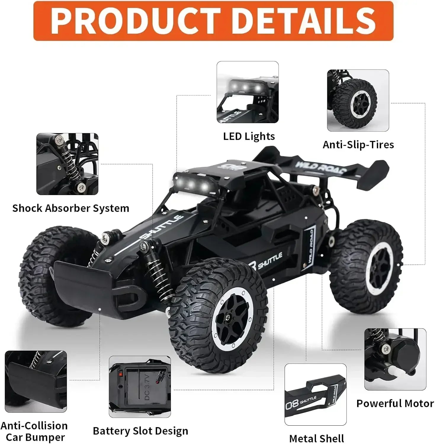 RC Cars 2WD 20KM/H High-Speed RC Drift Car 1:16 Scale LED Lights Remote Control Off-road Outdoor Racing Model Toy for Boy Adults
