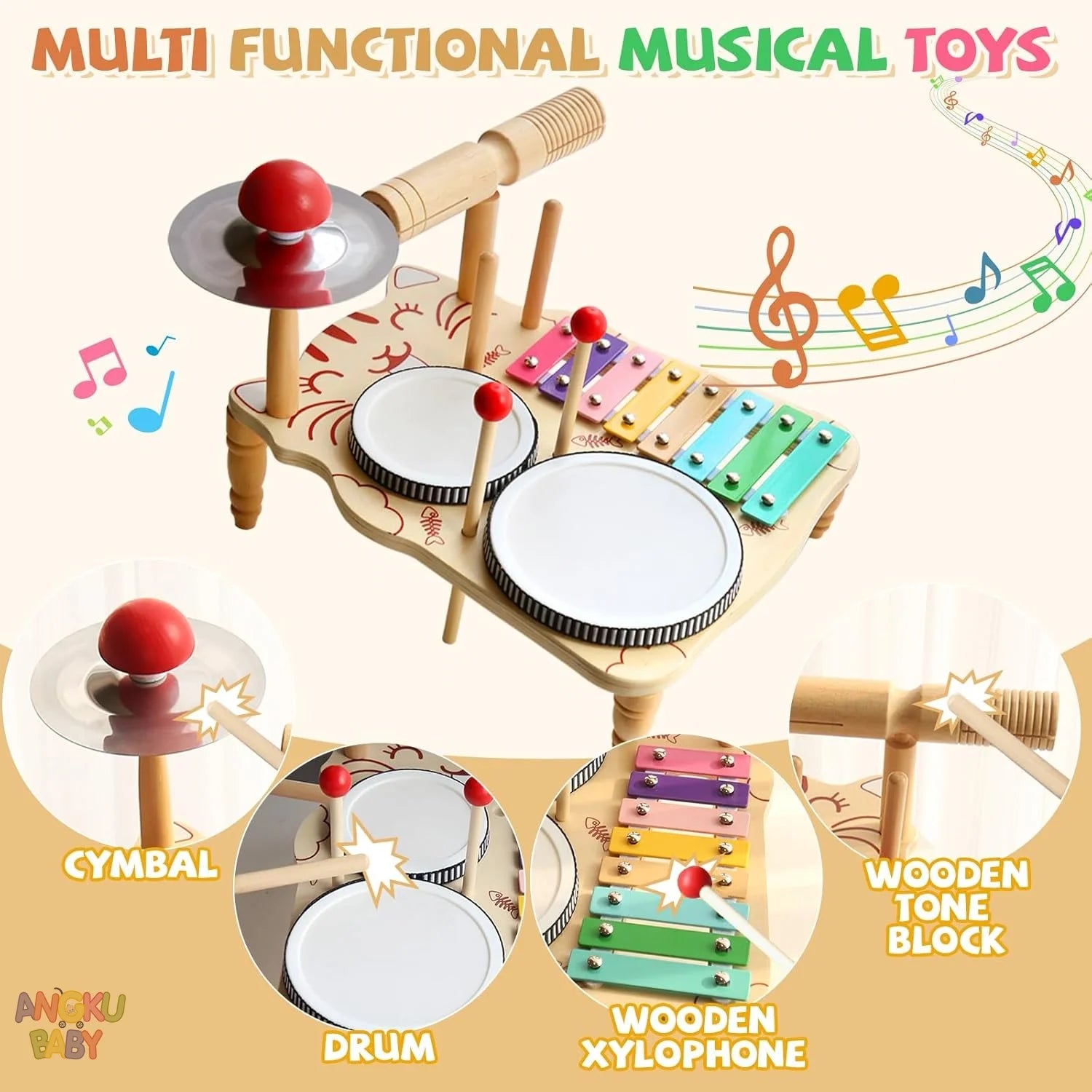 Educational Toys for Children 2-4 Years Old Wooden Montessori Musical Instruments Toys Games for Babies Boys & Girls Gifts