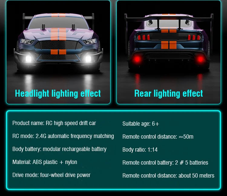 RC Drift Car 1/14 Scale Remote Control Stunt Car 2.4GHz 4WD 40+KM/H High Speed Vehicle with LED Lights Racing Vehicle Toys Gifts