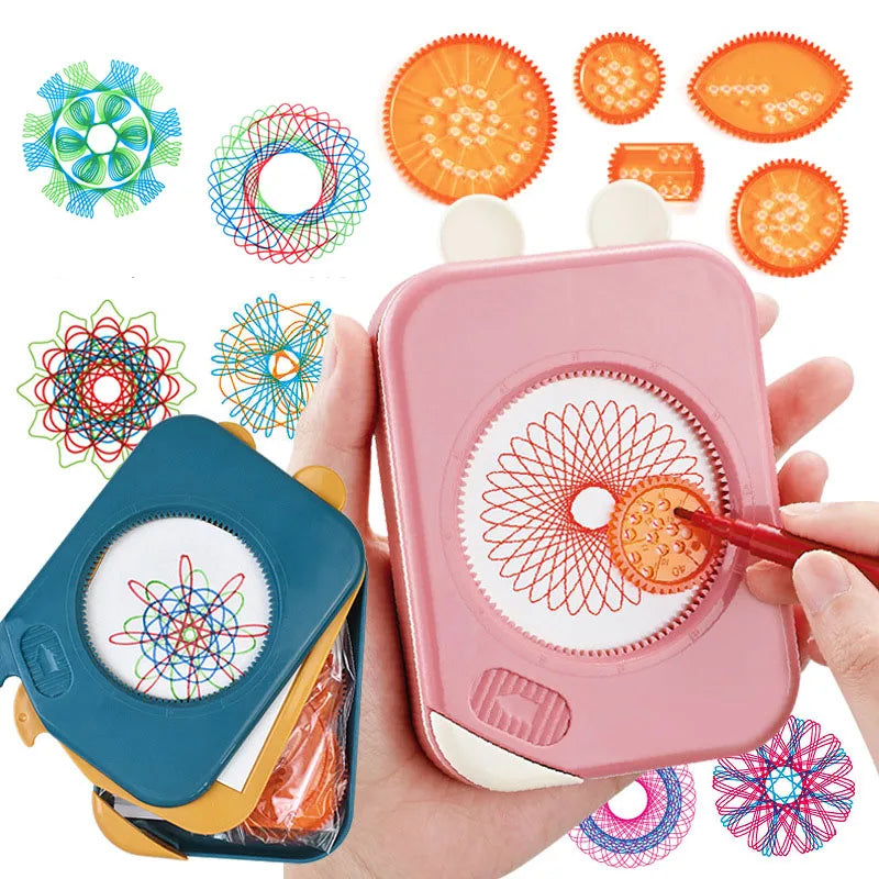 Creative Educational Toy Set for Kids Storage Box with Interlocking Gear Wheels Drawing Ruler Paper Pens and Spirograph Design