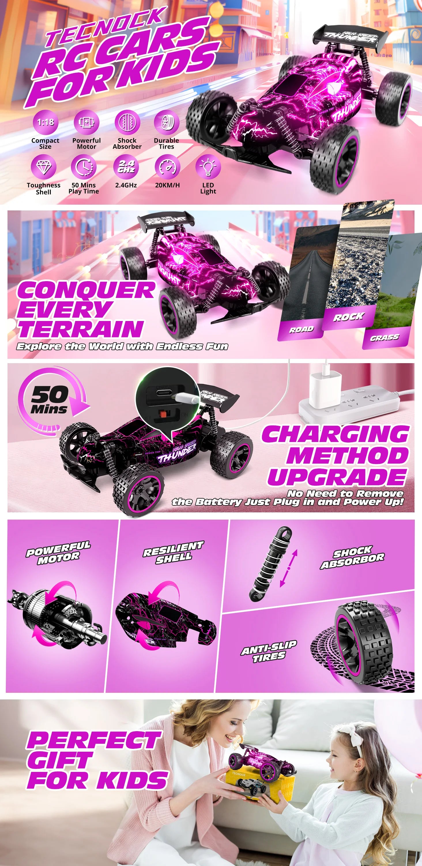 RC Cars Remote Control Car for Boys and Girls, 1:18 Scale RC Car with LED Lights, 2.4GHz 2WD All-Terrain RC Truck, 50-Min Play