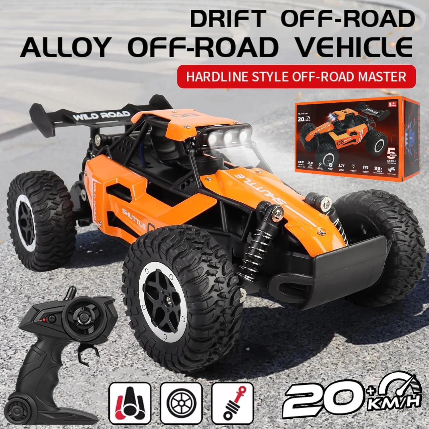RC Off-Road Car 1:16 Scale All Terrain Fast RC Car 20KM/H High Speed 2WD Electric Vehicle with 2.4G Remote Control Monster Truck