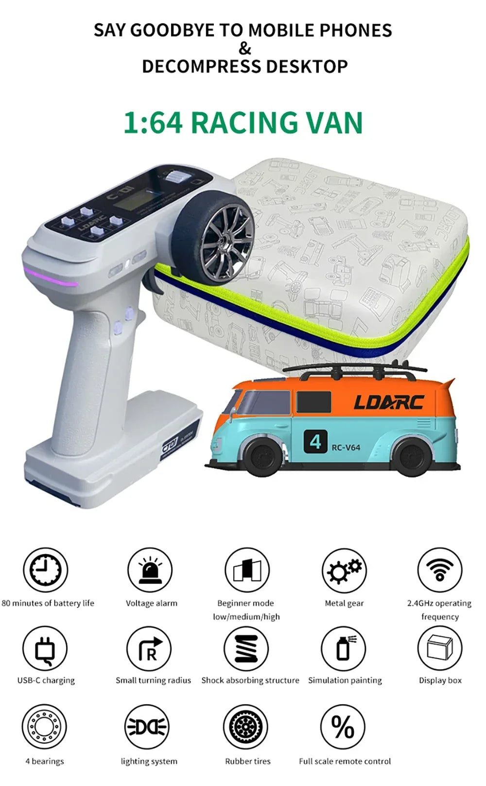 LDARC 1/64 RTR MINI RC Car  2.4GH  V64  Simulated Electric Remote Control Model Car Tabletop Bus Vehicle  Adults  Toys